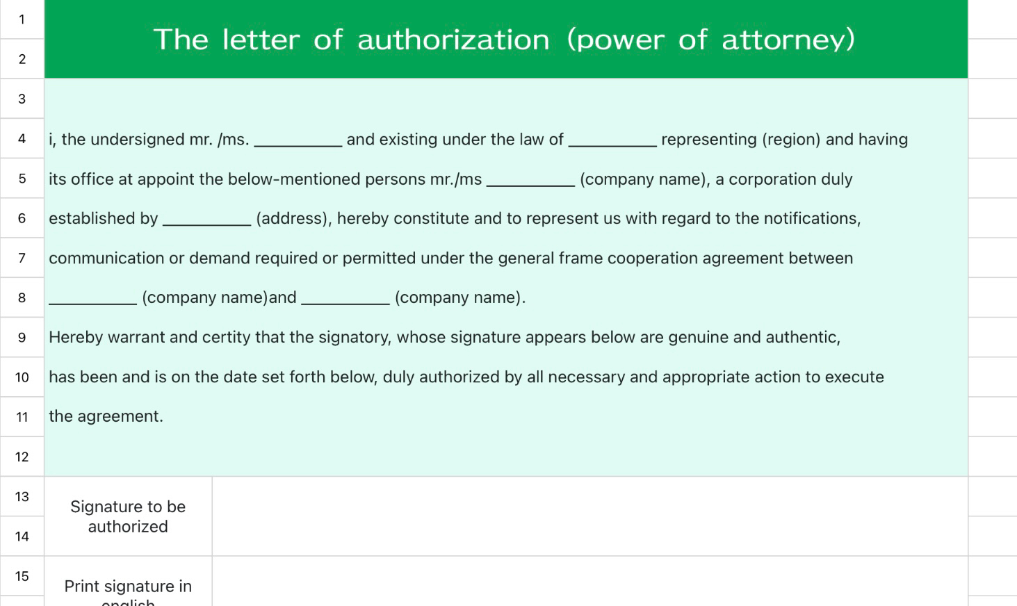 The letter of authorization (power of attorney)